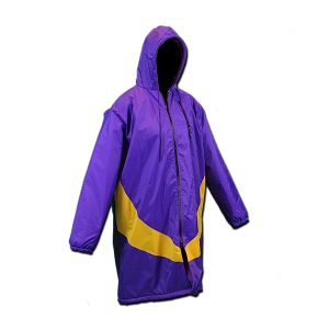 A purple swim parka with yellow accent angled around the waist